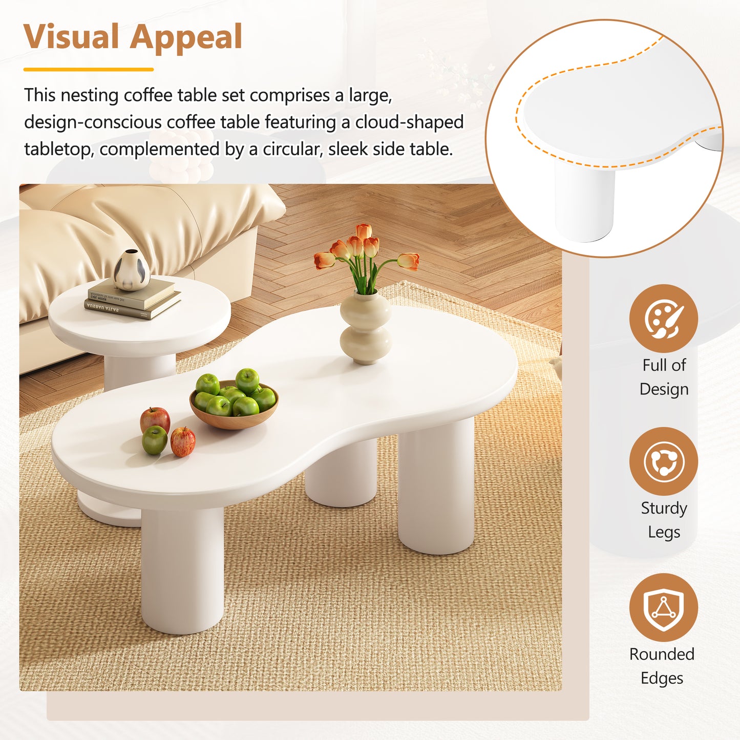 Easy Assembly Nesting Coffee Table Set of 2, Cream Style Cloud Coffee Table with Round Small Side Table