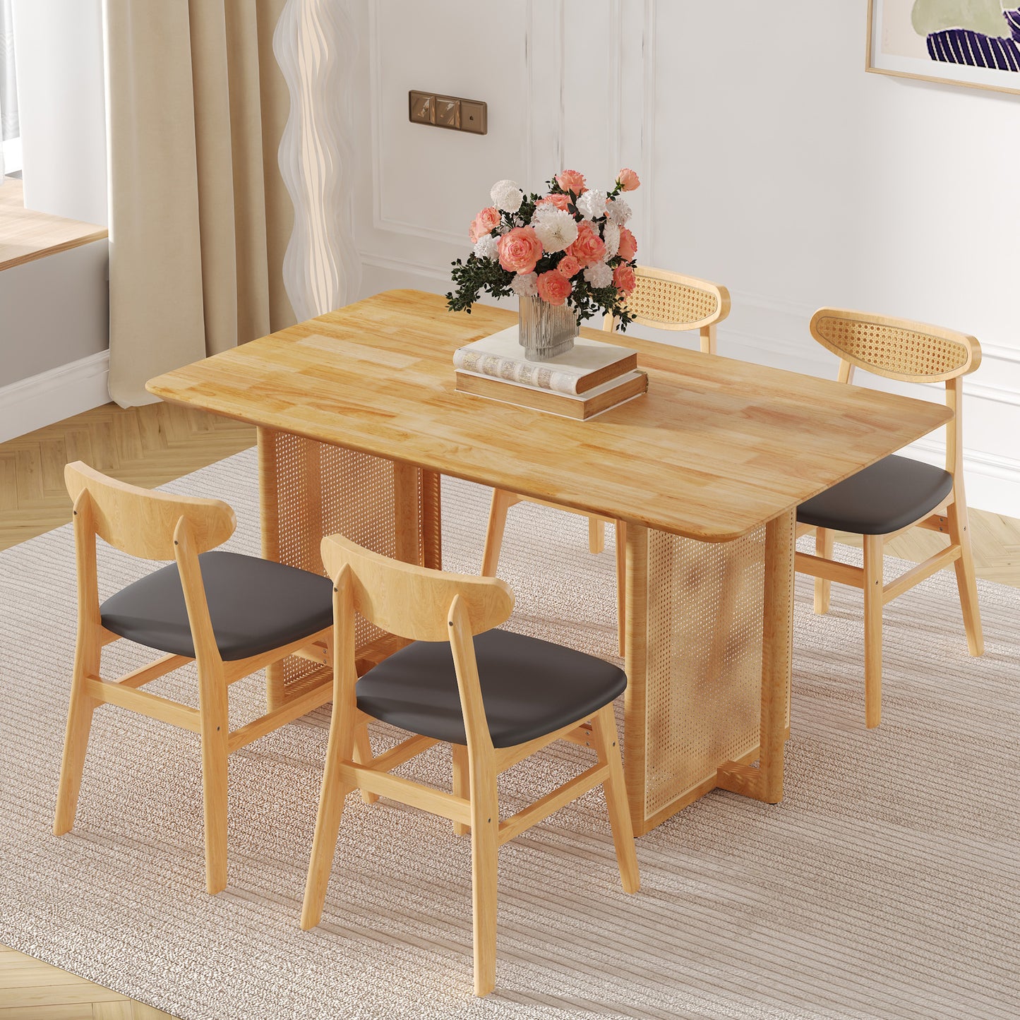 Ancient Style Solid Wood Dining Table Set: Imitation Rattan Legs, 4 - 6 Rubberwood Chairs