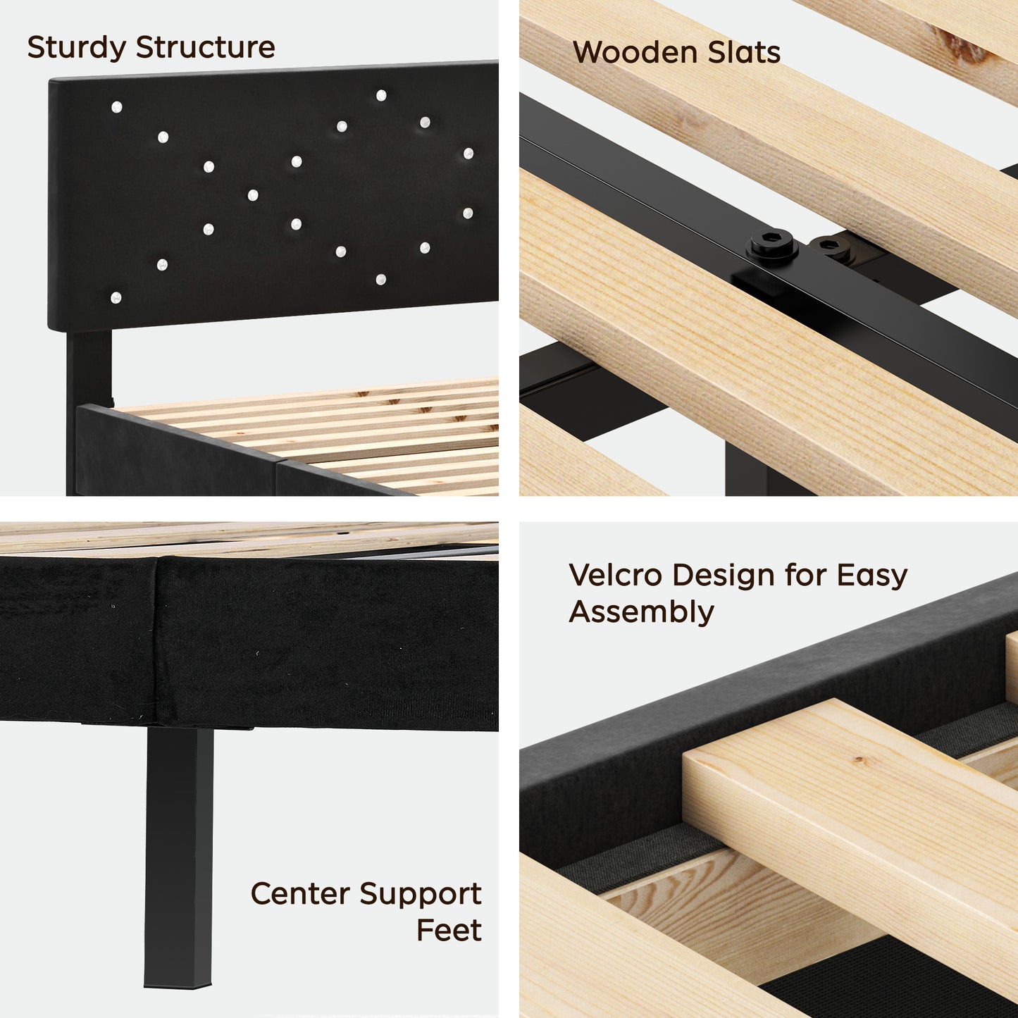 Modern Platform Bed Frame with Upholstered Headboard and Wooden Slats - Skip Box Spring, Easy Assembly