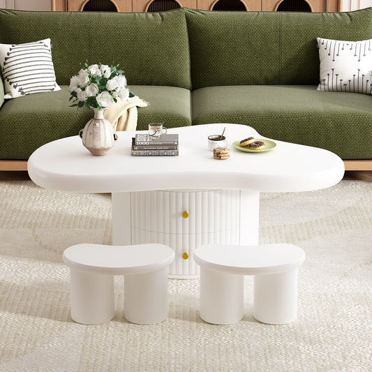 Cloud Coffee Table Set of 3: Irregular Shape, 2 Drawers & 2 Stools for Living Room