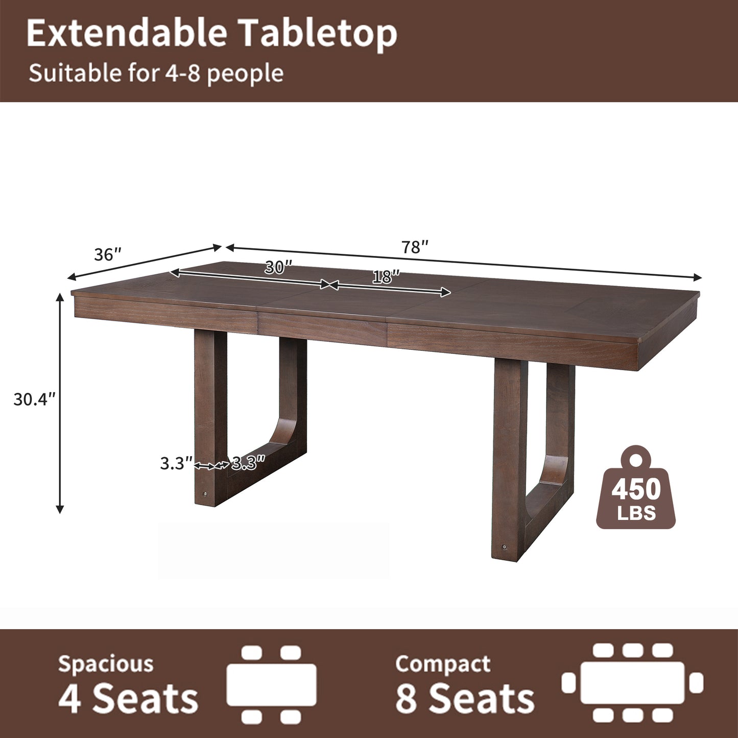 Extendable Farmhouse Wooden Kitchen Table: Removable Leaf, Seats 4 - 8