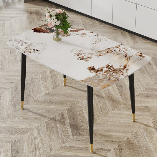 Modern minimalist dining table. A patterned SINTERED STONE tabletop with black metal legs