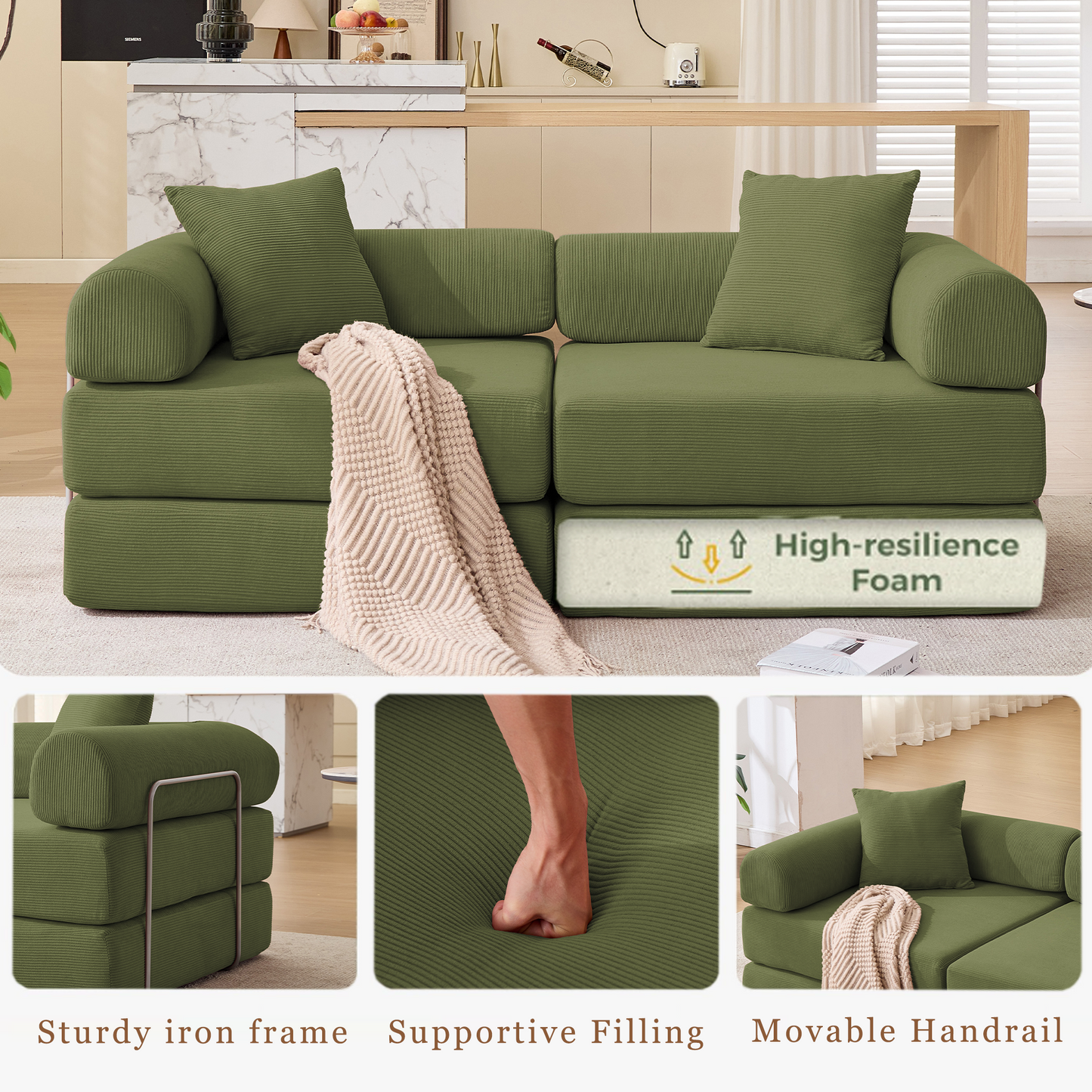 Modular Couch Sofa Bed for Apartment | Convertible Sofa Bed, Fixed-Shape Frame & Removable Armrests – No Assembly, Folding Mattress Couch for Small Spaces