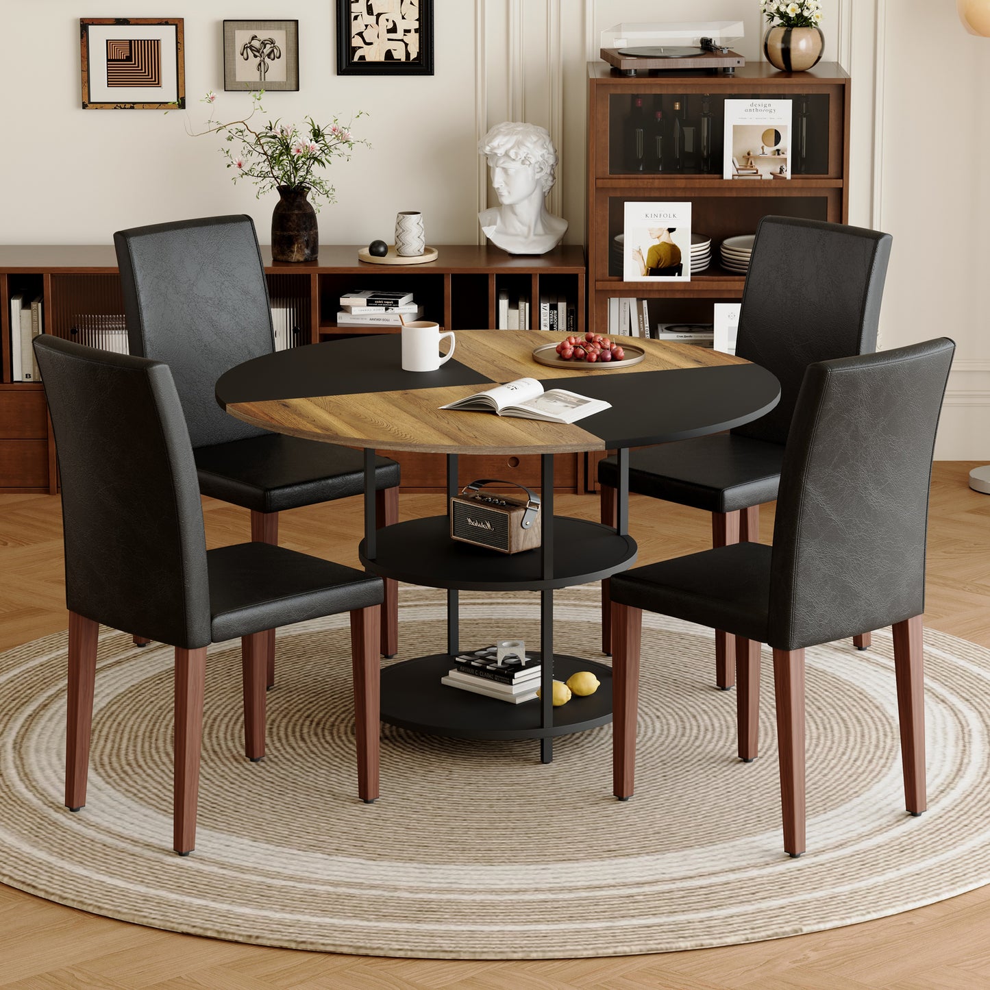 47.3 - Inch Spliced - Color Circular Dining Table Set: 4-6 Black PU Chairs, Double - Layer Storage