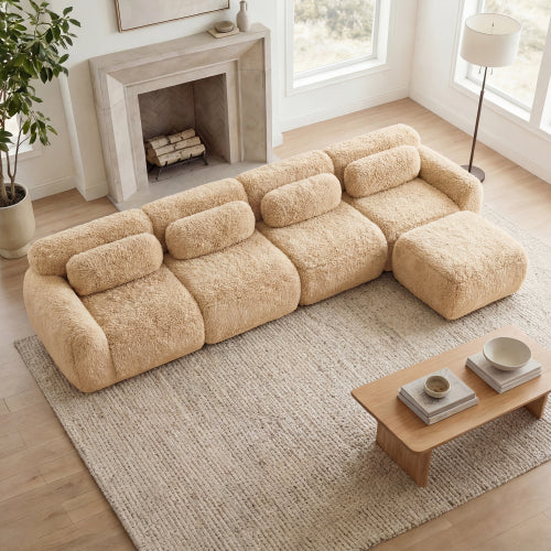 2-4 Seat Soft  Fluffy Plush Boneless Sofa – Modular Sectional with Throw Pillows, 32D High-Density Sponge, No Assembly, Anti-Slip Buckle Connection