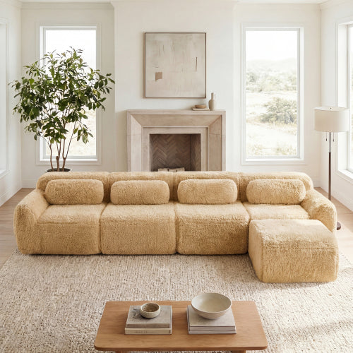2-4 Seat Soft  Fluffy Plush Boneless Sofa – Modular Sectional with Throw Pillows, 32D High-Density Sponge, No Assembly, Anti-Slip Buckle Connection