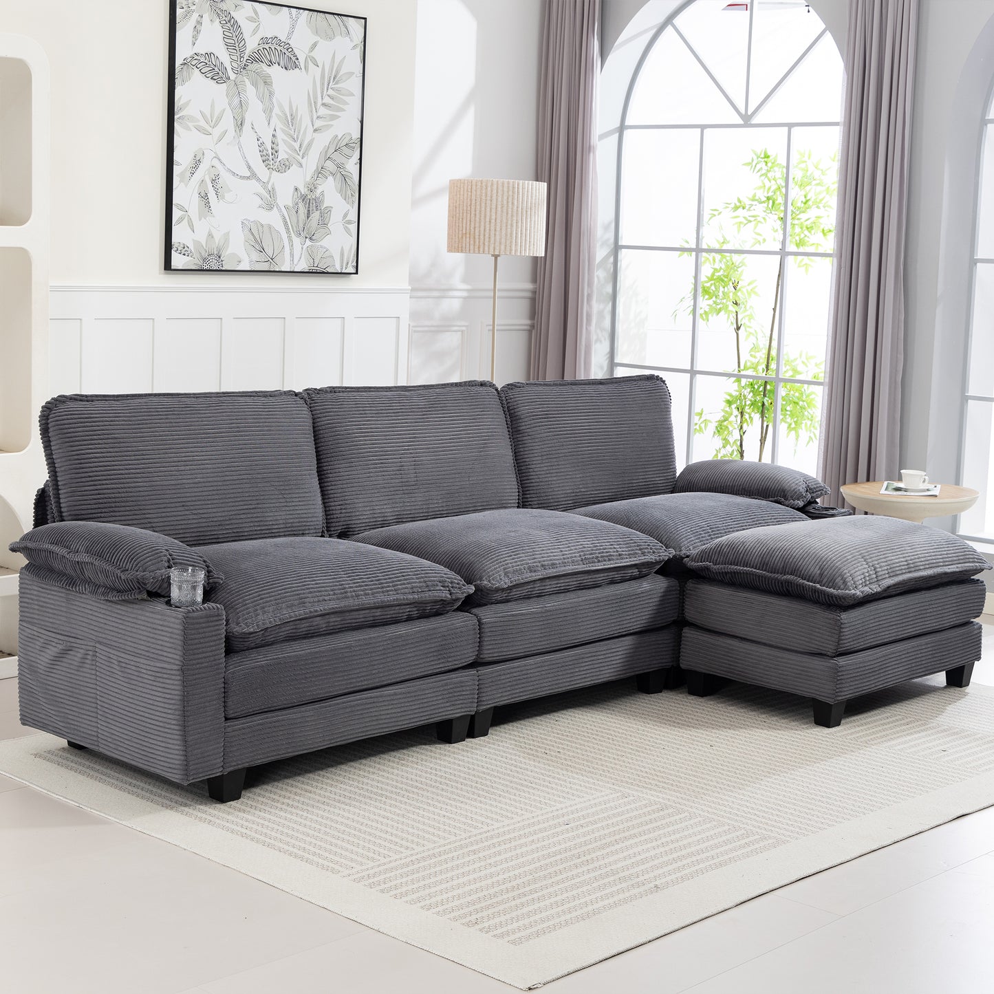 Modern 3+1 L-Shaped Corduroy Fabric Sofa – Modular Sectional Cloud Couch w/Ottoman, 35D Sponge, Cup Holders &amp; Storage