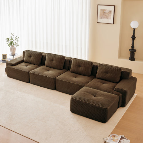 Modular Sectional Sofa for Living Room, Corduroy Fabric Deep Seat and Movable Ottoman, Pearl-like piping, Tufted Design, No Assembly