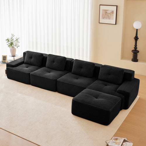 Modular Sectional Sofa for Living Room, Corduroy Fabric Deep Seat and Movable Ottoman, Pearl-like piping, Tufted Design, No Assembly