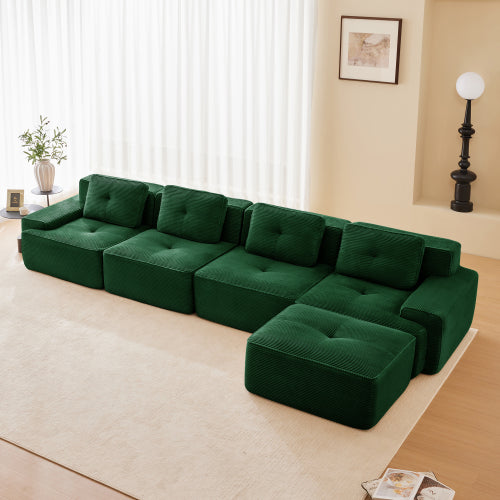 Modular Sectional Sofa for Living Room, Corduroy Fabric Deep Seat and Movable Ottoman, Pearl-like piping, Tufted Design, No Assembly