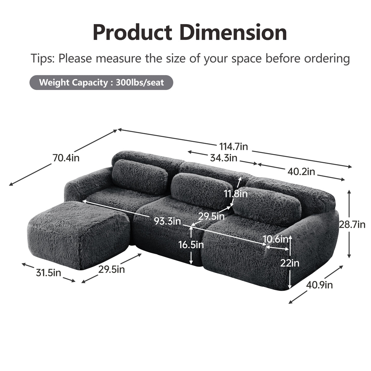 2-4 Seat Soft  Fluffy Plush Boneless Sofa – Modular Sectional with Throw Pillows, 32D High-Density Sponge, No Assembly, Anti-Slip Buckle Connection