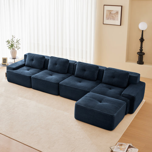 Modular Sectional Sofa for Living Room, Corduroy Fabric Deep Seat and Movable Ottoman, Pearl-like piping, Tufted Design, No Assembly