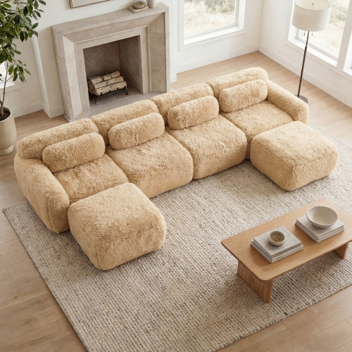 2-4 Seat Soft  Fluffy Plush Boneless Sofa – Modular Sectional with Throw Pillows, 32D High-Density Sponge, No Assembly, Anti-Slip Buckle Connection