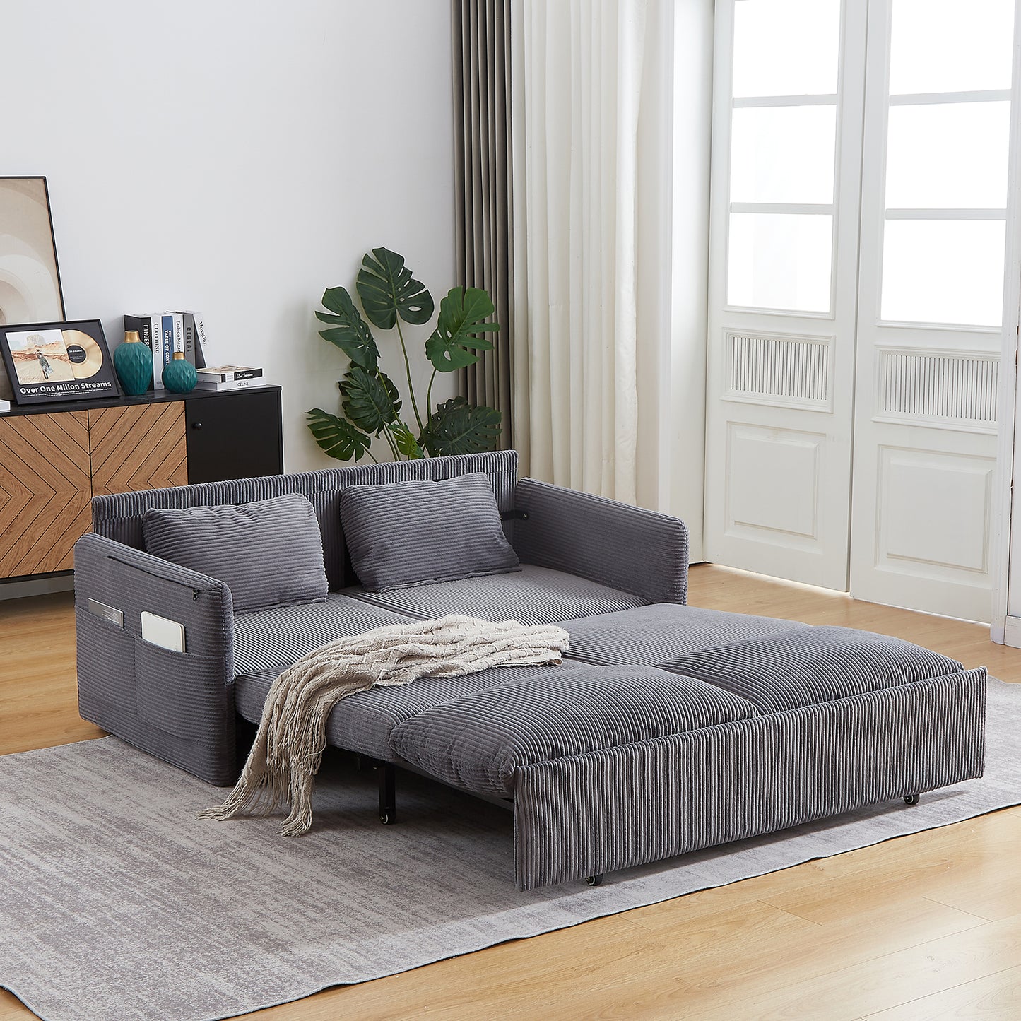 Sleeper Sofa Bed 3-in-1 Adjustable Sleeper with Pullout Bed, 2 Pillows and Side Pockets – Corduroy Loveseat