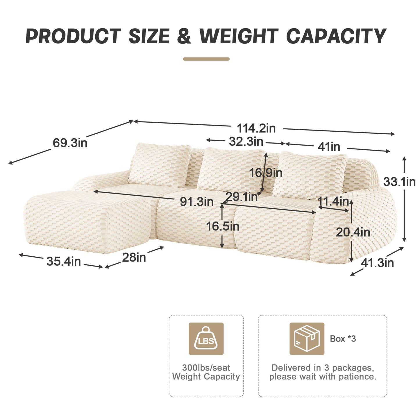 Modular Sectional Sofa for Living Room,Flannelette Fabric,Oversized 2-4 Seater Couch,Deep Seat,Boneless sofa