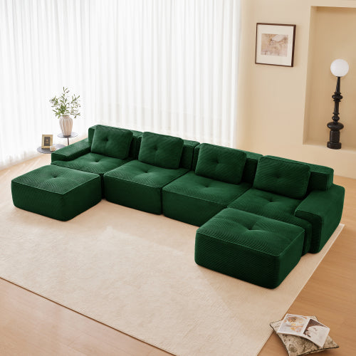 Modular Sectional Sofa for Living Room, Corduroy Fabric Deep Seat and Movable Ottoman, Pearl-like piping, Tufted Design, No Assembly