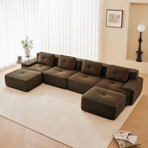 Modular Sectional Sofa for Living Room, Corduroy Fabric Deep Seat and Movable Ottoman, Pearl-like piping, Tufted Design, No Assembly