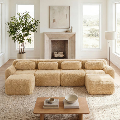 2-4 Seat Soft  Fluffy Plush Boneless Sofa – Modular Sectional with Throw Pillows, 32D High-Density Sponge, No Assembly, Anti-Slip Buckle Connection