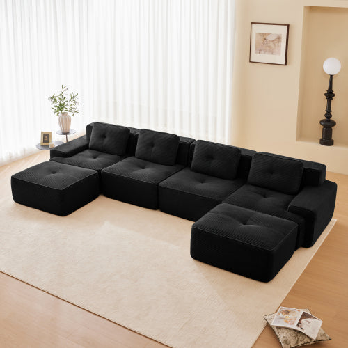 Modular Sectional Sofa for Living Room, Corduroy Fabric Deep Seat and Movable Ottoman, Pearl-like piping, Tufted Design, No Assembly