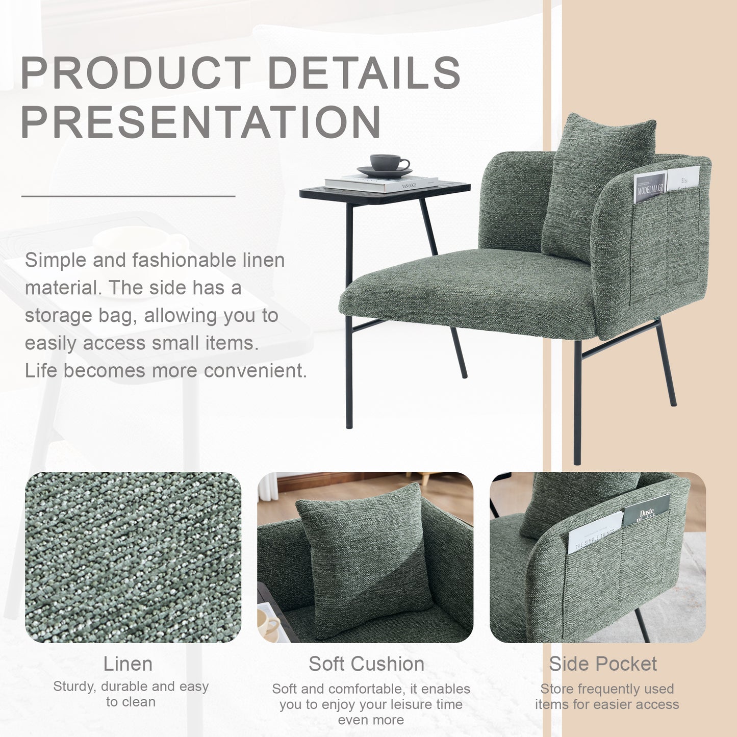 Lounge Relaxing Chair with Small Table and Back Pillow | Modern Upholstered Chair, Metal Legs, Side Pockets – 6 Colors