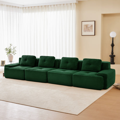 Modular Sectional Sofa for Living Room, Corduroy Fabric Deep Seat and Movable Ottoman, Pearl-like piping, Tufted Design, No Assembly