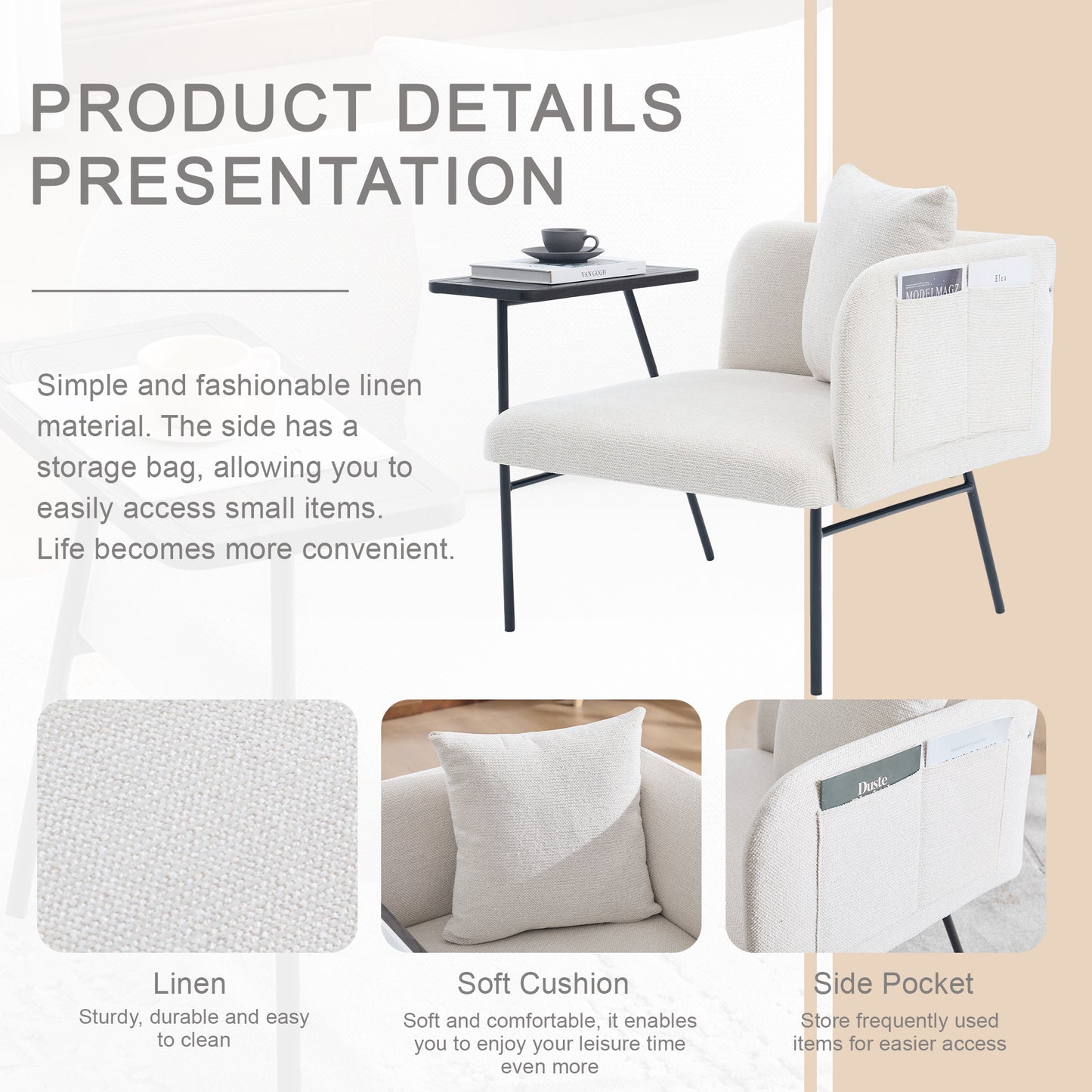 Lounge Relaxing Chair with Small Table and Back Pillow | Modern Upholstered Chair, Metal Legs, Side Pockets – 6 Colors