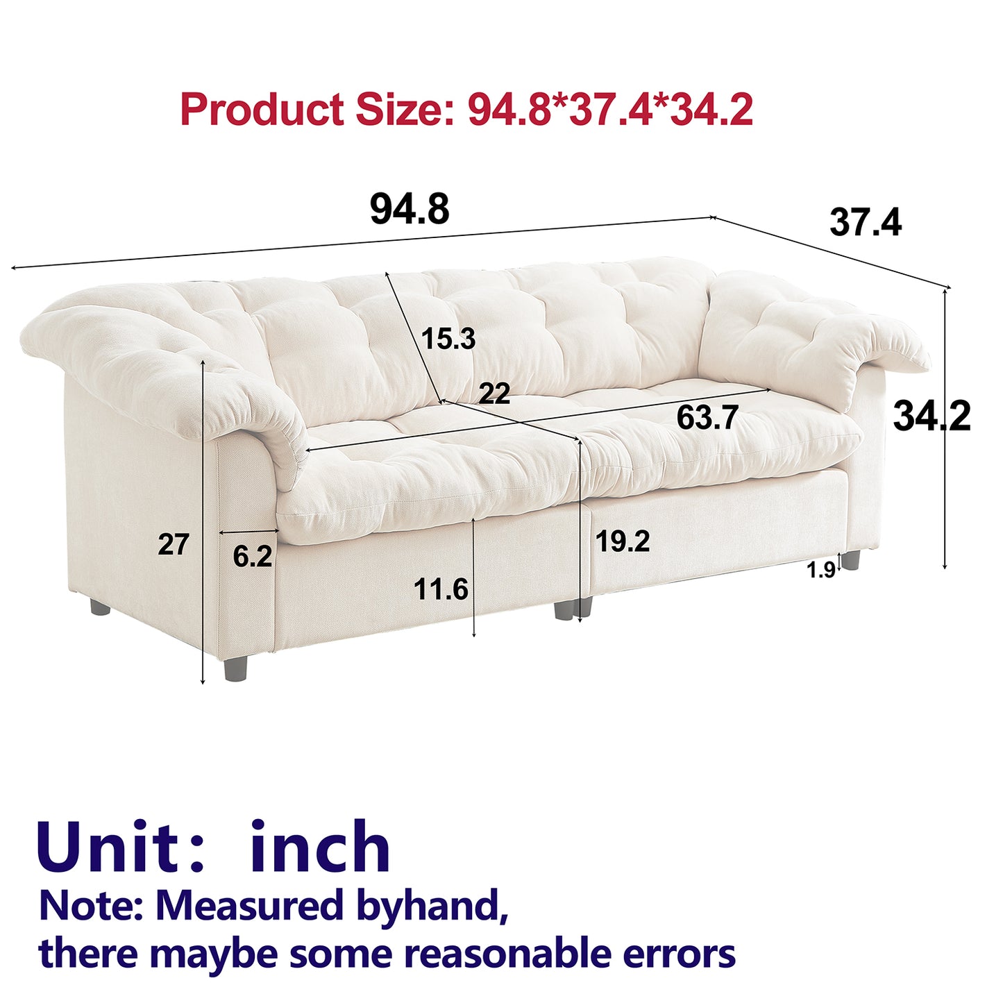 Chenille Modern Comfort Deep Seat Sofa, Upholstered Fluffy Cloud Sofa