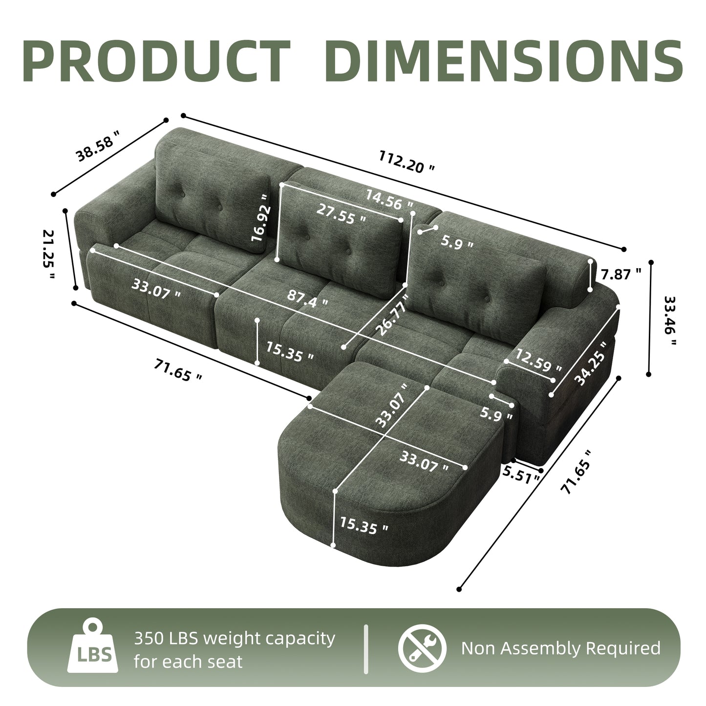 Modular Sectional Sofa with Chaise – Full-Foam Comfort, Chenille Fabric, Compression Packaged