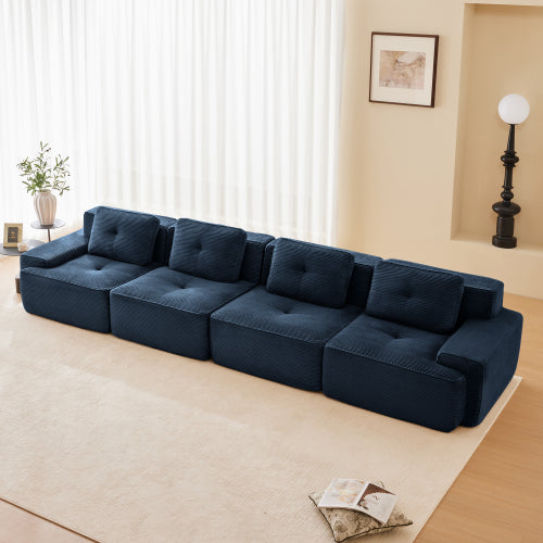Modular Sectional Sofa for Living Room, Corduroy Fabric Deep Seat and Movable Ottoman, Pearl-like piping, Tufted Design, No Assembly
