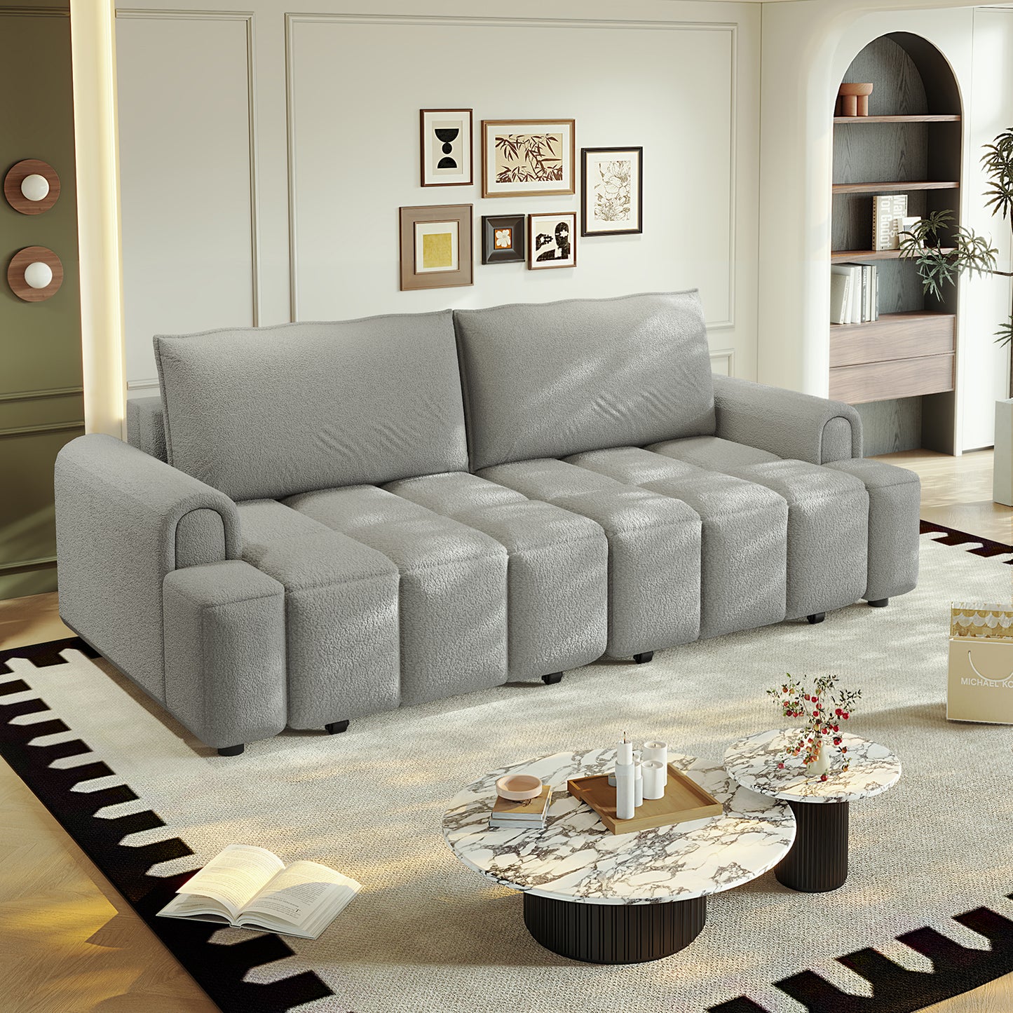 4-Seater Modern Teddy Fabric Couch with Seats Storage, King Size 3-in-1 Convertible Sleeper Sofa Bed
