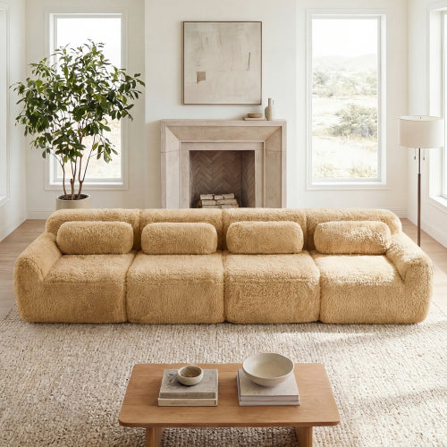 2-4 Seat Soft  Fluffy Plush Boneless Sofa – Modular Sectional with Throw Pillows, 32D High-Density Sponge, No Assembly, Anti-Slip Buckle Connection
