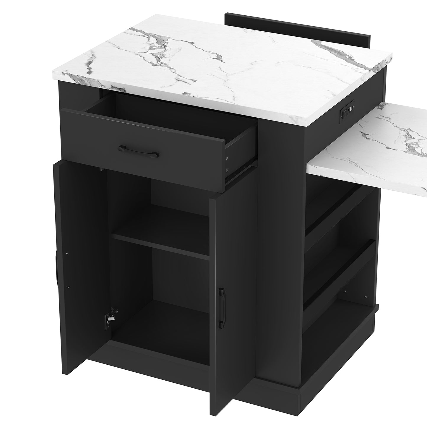 Extendable island console with drawers, double-door cabinet, and open shelving