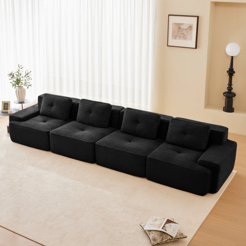 Modular Sectional Sofa for Living Room, Corduroy Fabric Deep Seat and Movable Ottoman, Pearl-like piping, Tufted Design, No Assembly