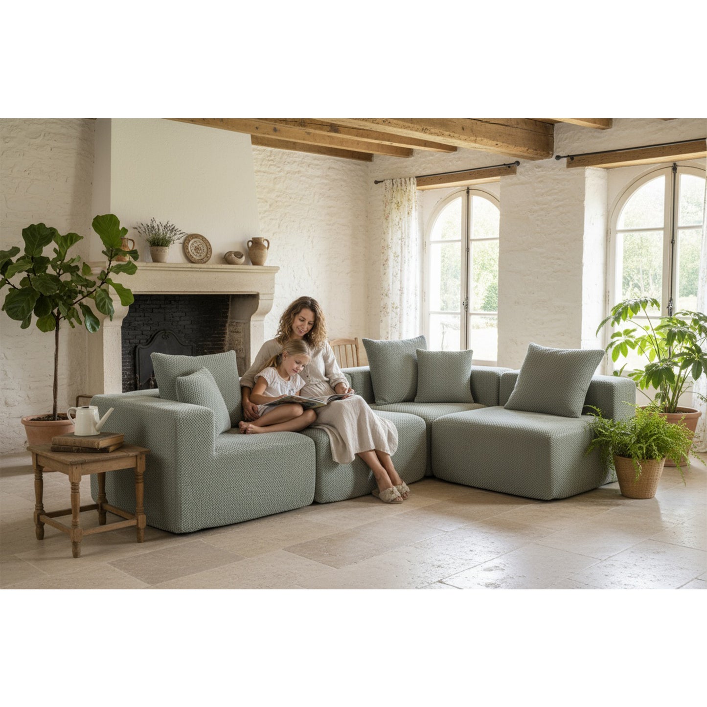Modular 3-4 Seat Sectional Sofa – All-Foam Deep-Seat Couch with Plush Textured Chenille (Light Green)