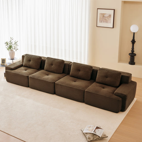 Modular Sectional Sofa for Living Room, Corduroy Fabric Deep Seat and Movable Ottoman, Pearl-like piping, Tufted Design, No Assembly