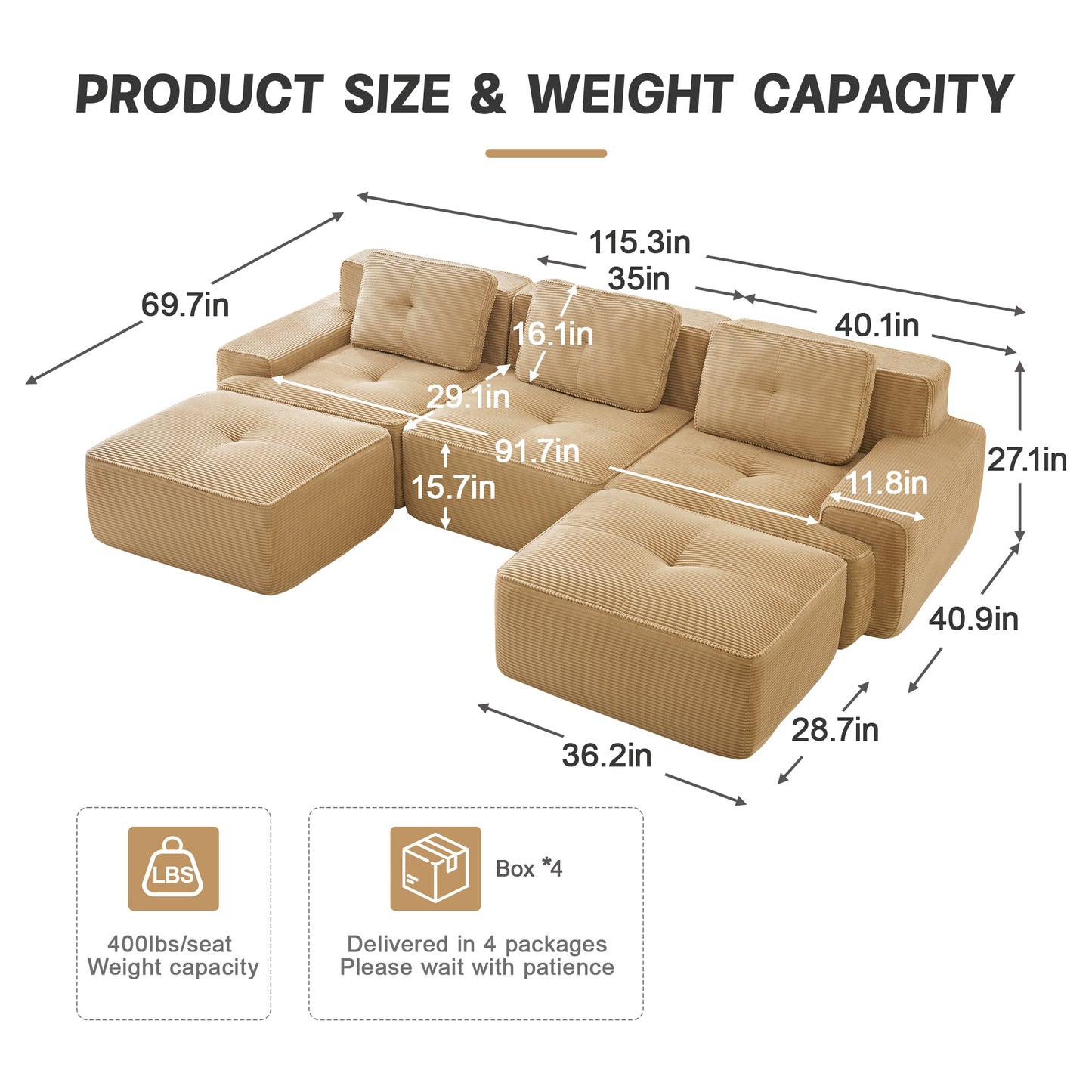 Modular Sectional Sofa for Living Room, Corduroy Fabric Deep Seat and Movable Ottoman, Pearl-like piping, Tufted Design, No Assembly