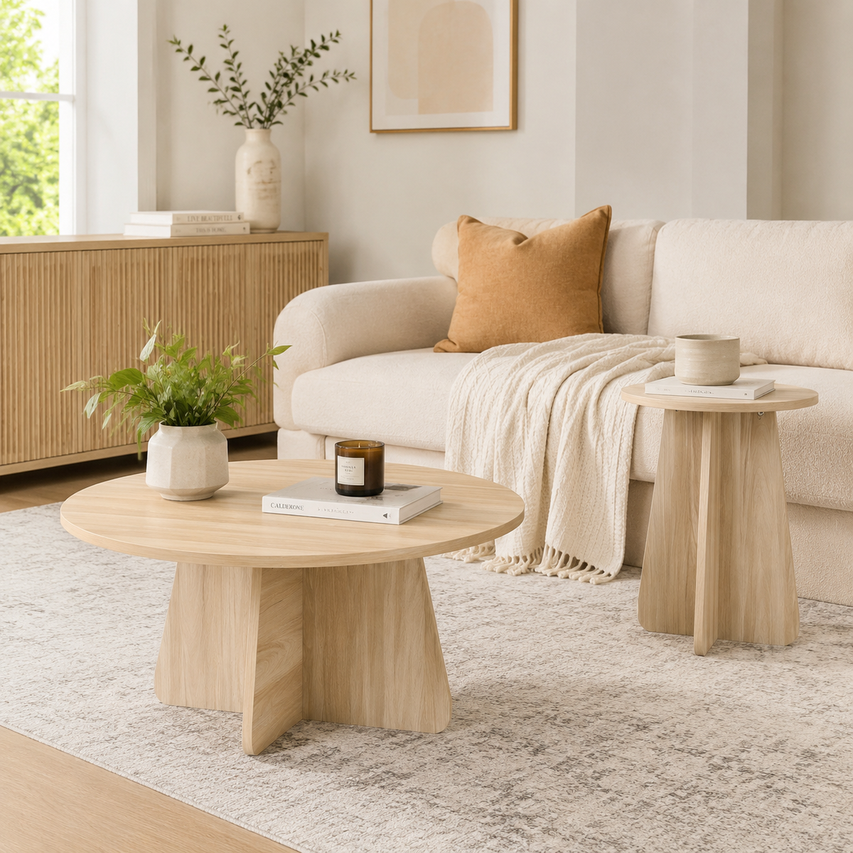 Retro-Style Nesting Coffee Table Set – Walnut or Natural Wood Finishes, Round Side Tables with Crisscross Legs