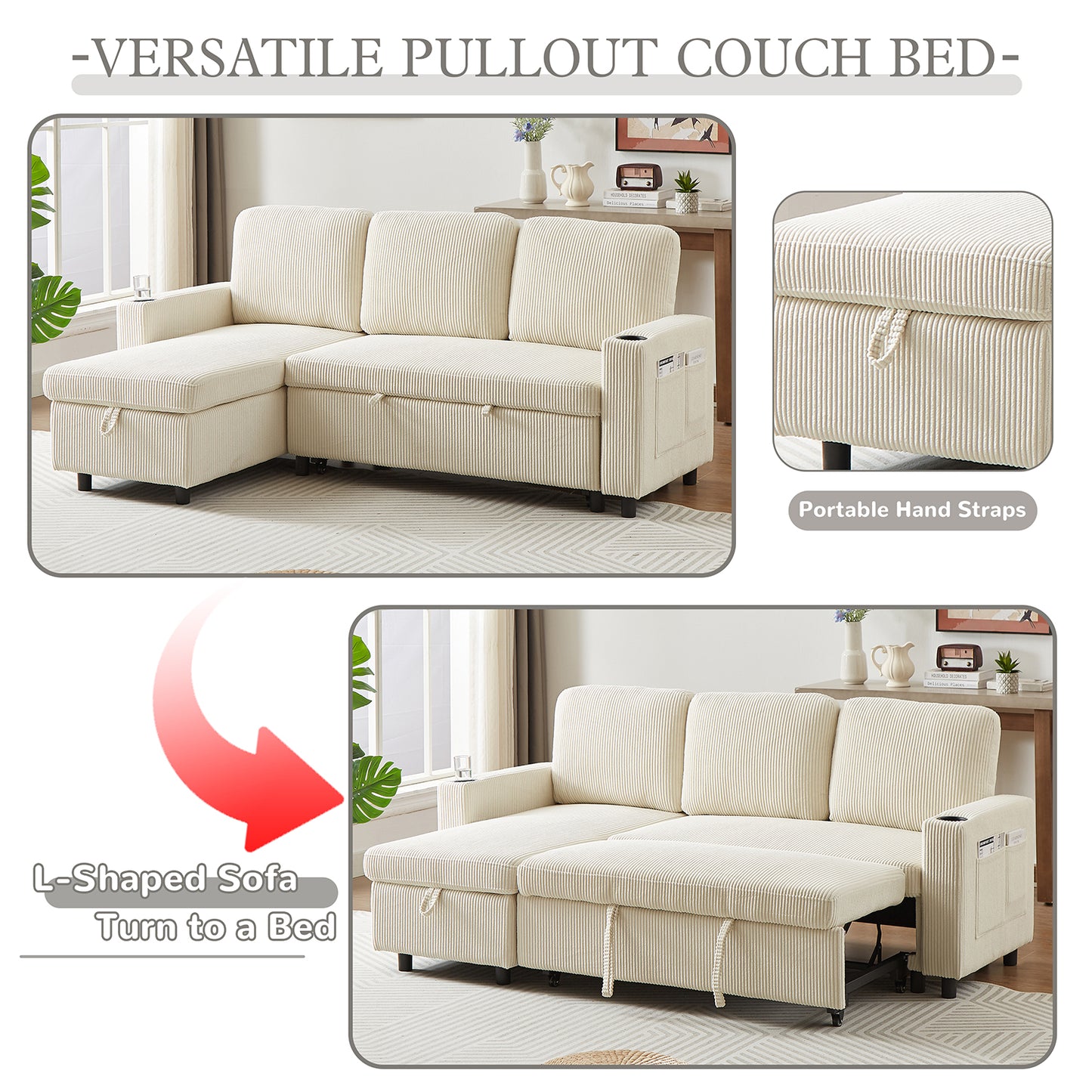 L-Shaped Combo Sofa Bed Reversible Sleeper Combo Sofa with Pullout Bed