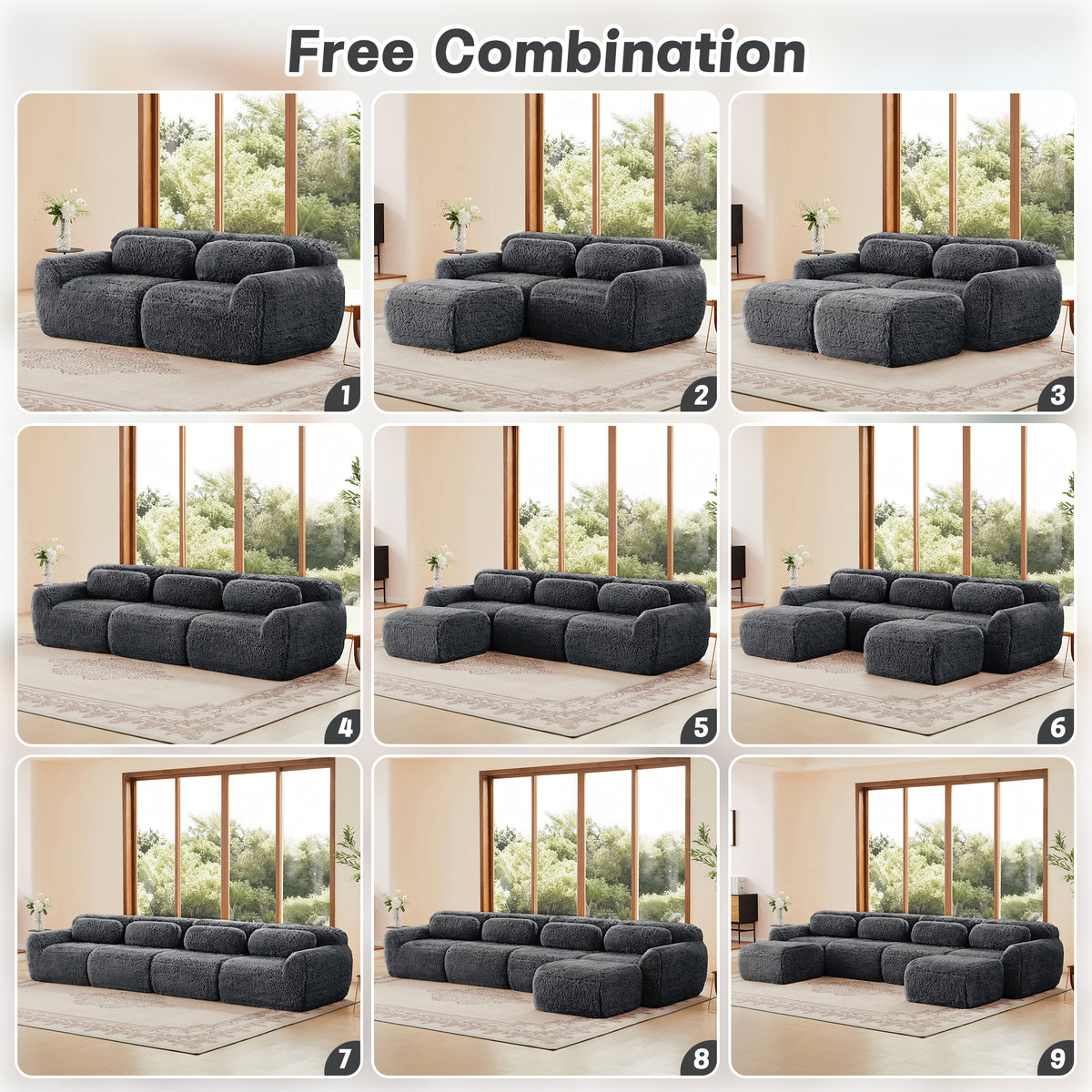 2-4 Seat Soft  Fluffy Plush Boneless Sofa – Modular Sectional with Throw Pillows, 32D High-Density Sponge, No Assembly, Anti-Slip Buckle Connection