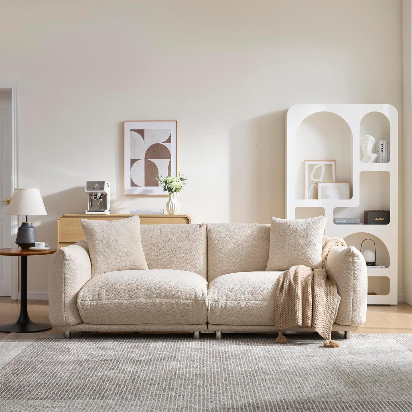 Upholstered 3-Seater Loveseat Sofa | Modern Boucle Couch with 2 Pillows – High-Density Foam, Solid Wood Frame, Metal Legs for Living Room, Apartment