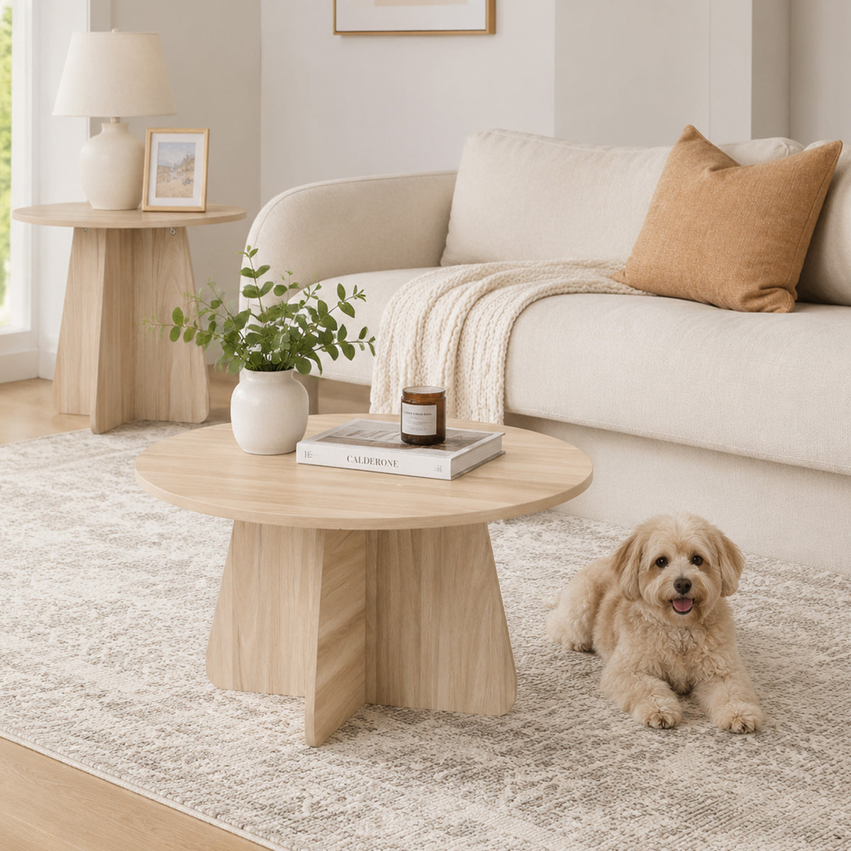 Retro-Style Nesting Coffee Table Set – Walnut or Natural Wood Finishes, Round Side Tables with Crisscross Legs