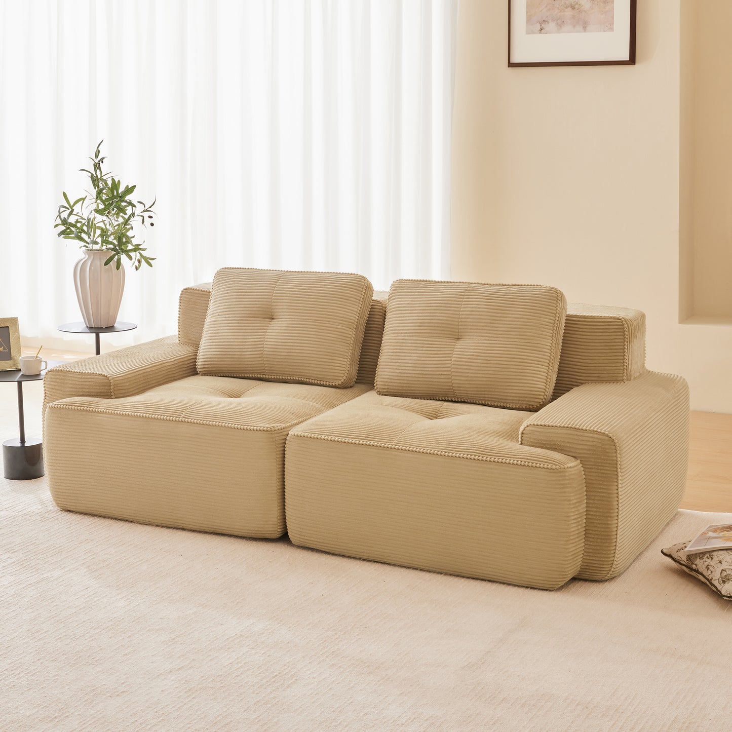 Modular Sectional Sofa for Living Room, Corduroy Fabric Deep Seat and Movable Ottoman, Pearl-like piping, Tufted Design, No Assembly