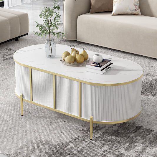 Modern Luxury Living Room Coffee Table: Oval Fluted, Marble - Patterned Top