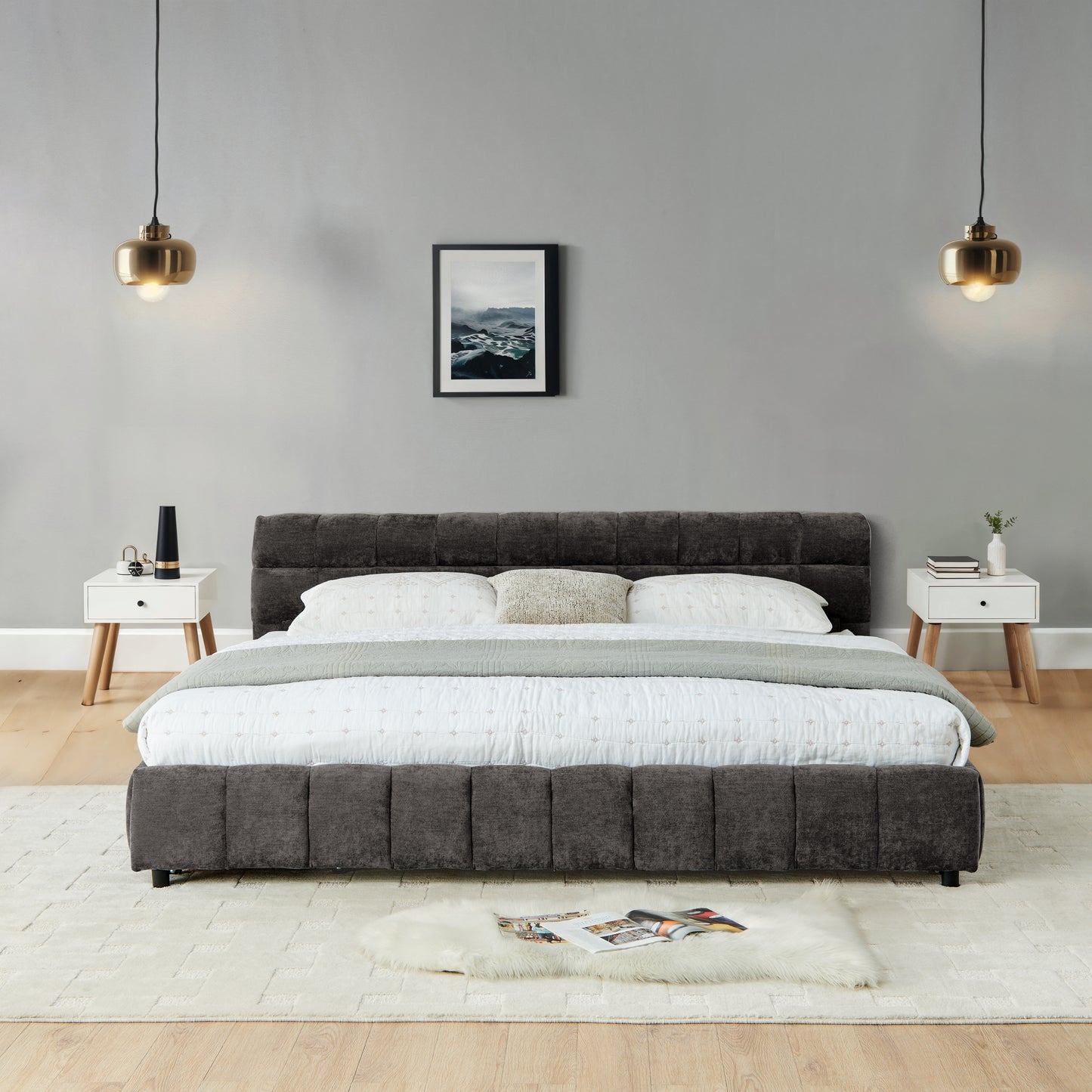 California King size Upholstered Bed Frame, Chenille fabric with headboard and solid bed frame. With drawer for storage