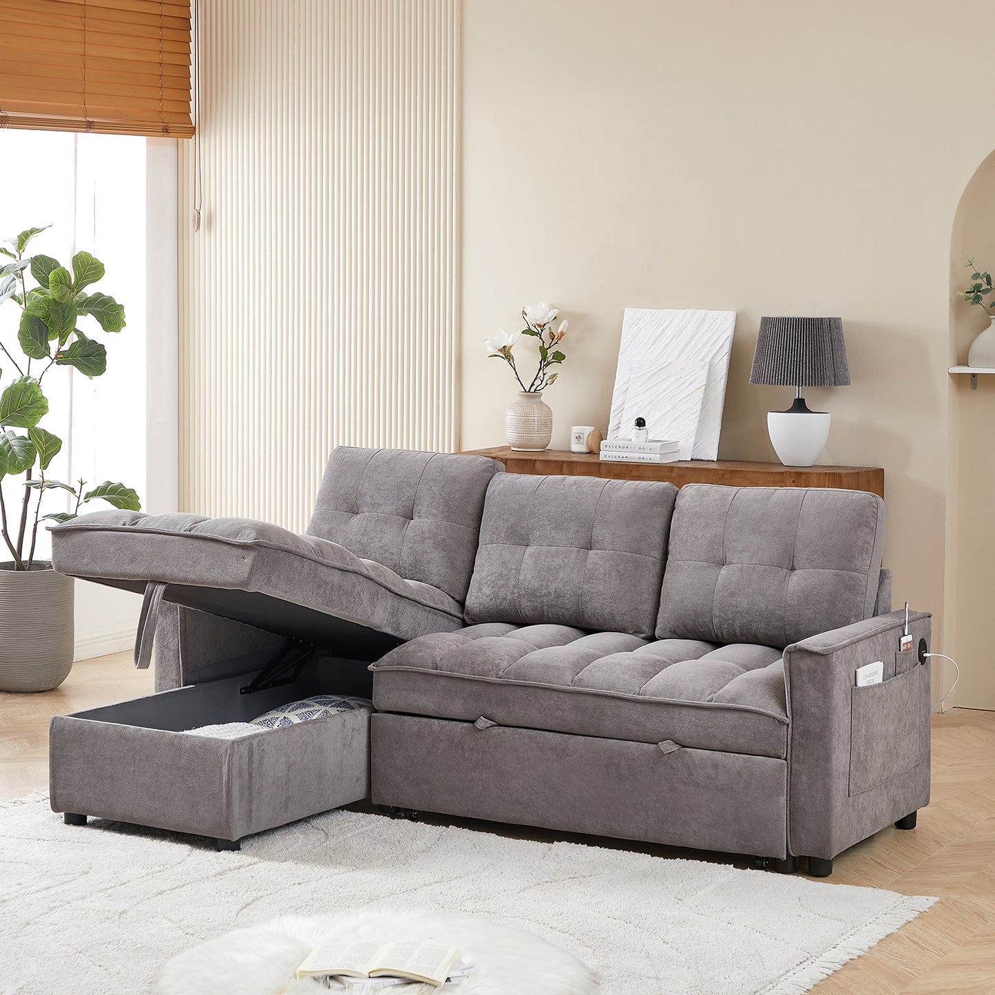 Pull-Out Sofa Bed with USB and tape-c charging ports, L-Shaped Sectional Sofa with Reclining Storage and Arm Side Organizer Pocket Features