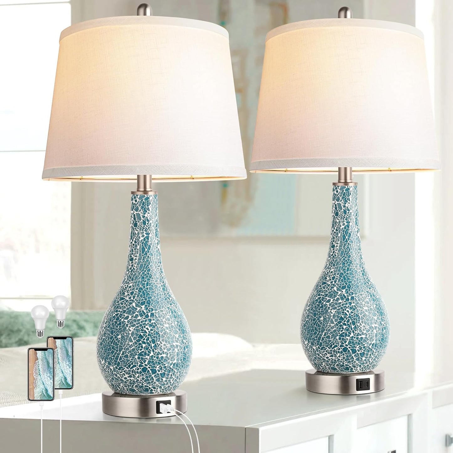 26" Coastal Blue Table Lamps - Set of 2 for Bedroom & Living Room Decor