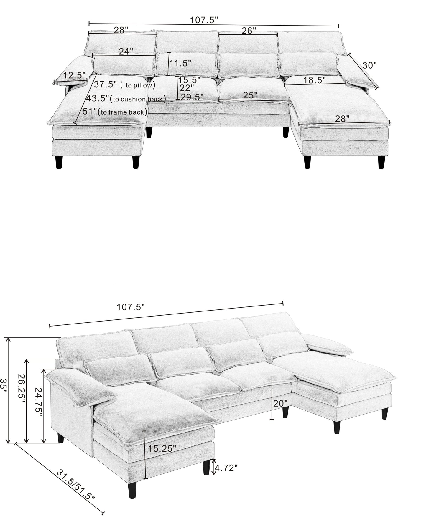 U Shaped Modular Sectional Sofa Couch with 4pcs waist pillows And  Chaise Lounge