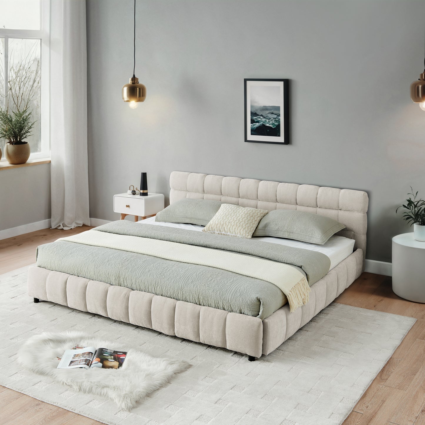 California King size Upholstered Bed Frame, Chenille fabric with headboard and solid bed frame. With drawer for storage