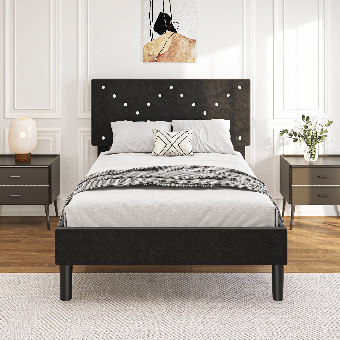 Modern Platform Bed Frame with Upholstered Headboard and Wooden Slats - Skip Box Spring, Easy Assembly