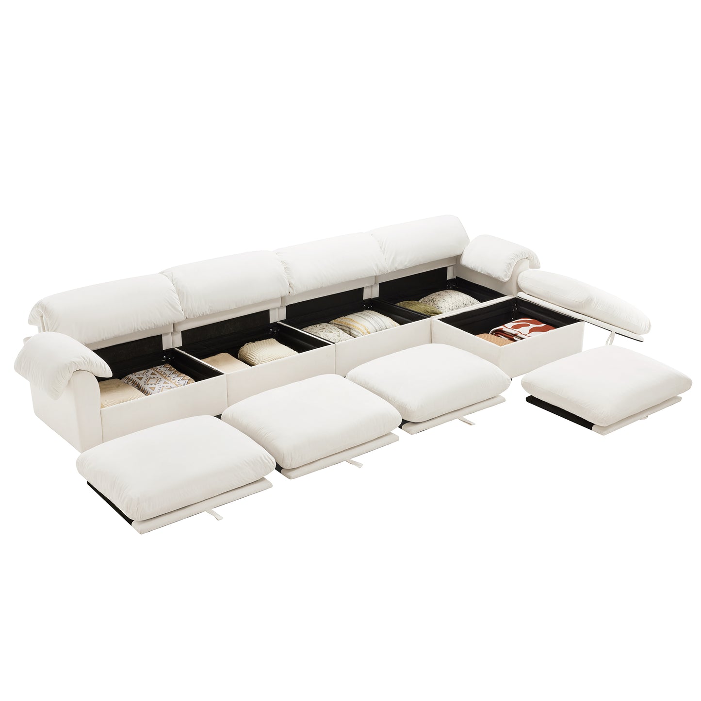 3 - 4 Seater Modular Sofa: U/L - Shape, Storage Ottomans, Velvet 2 Color
